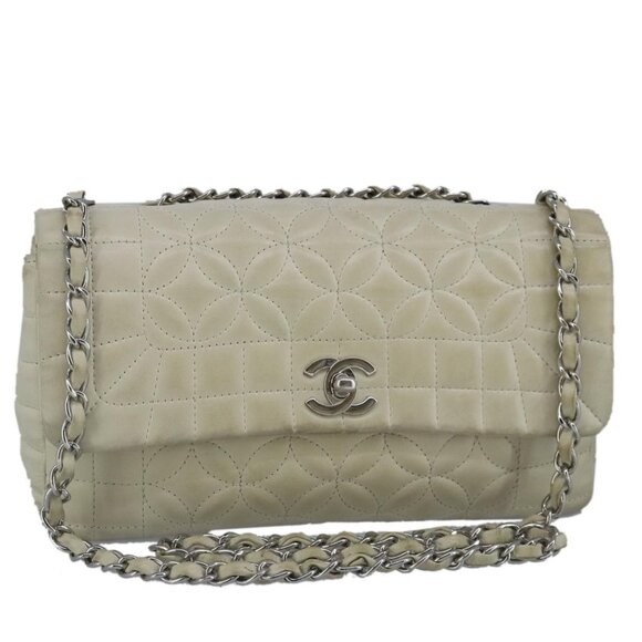 CHANEL Chain Flower Stitch Shoulder Bag Lamb Skin Beige Silver CC Auth bs19654 - Picture 1 of 16